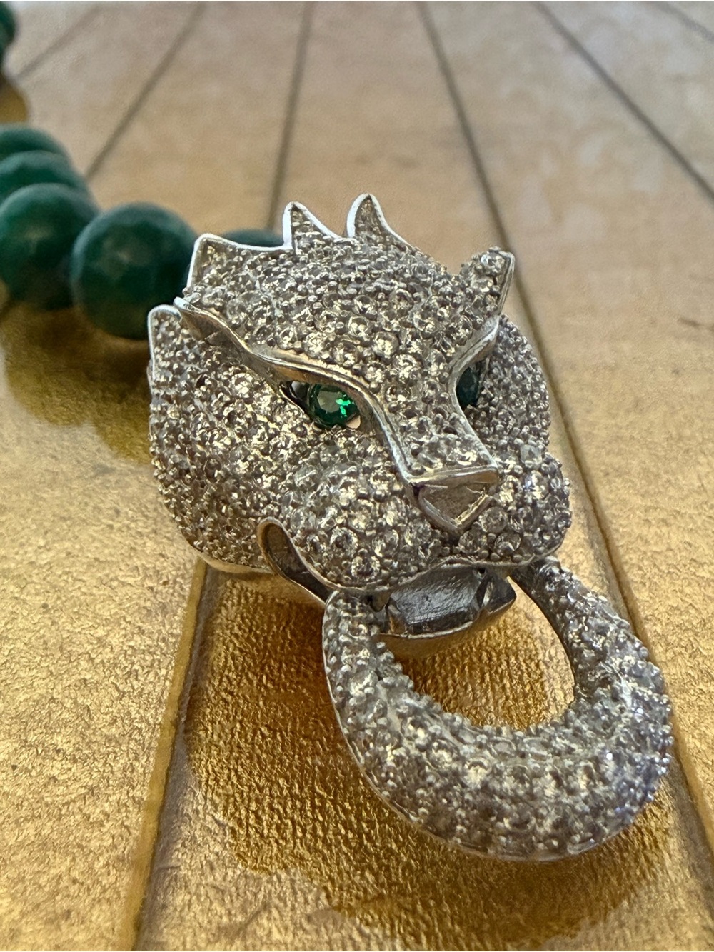 Art Deco, Jasper green Austrian Krystal cat dragon necklace